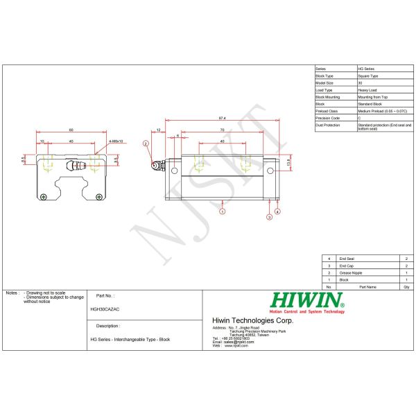 HIWIN HGH30CA Linear Guideway Block 30mm Linear Motion Guide Rail