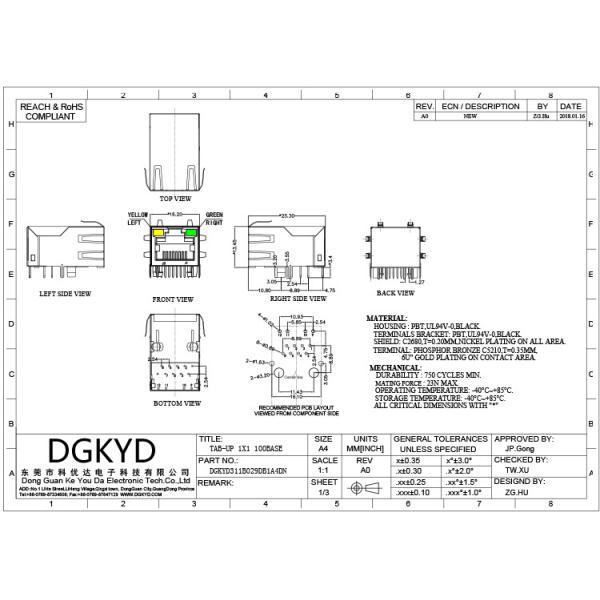 DGKYD311B029DB1A4DN PCB Mount Integrated Magnetics RJ45 Jack Module Tab Up Cat5 Ethernet Socket OEM