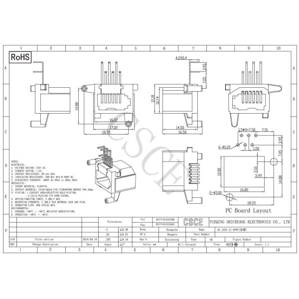 6P6C RJ11 PCB Mount Connector Vertical 180 Degrees 1000V AC 50Hz 60Hz 1MIN