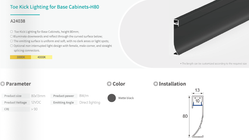 Soft Even Illumination Matte Black Base Cabinet LED Light Under Plinth No Glare
