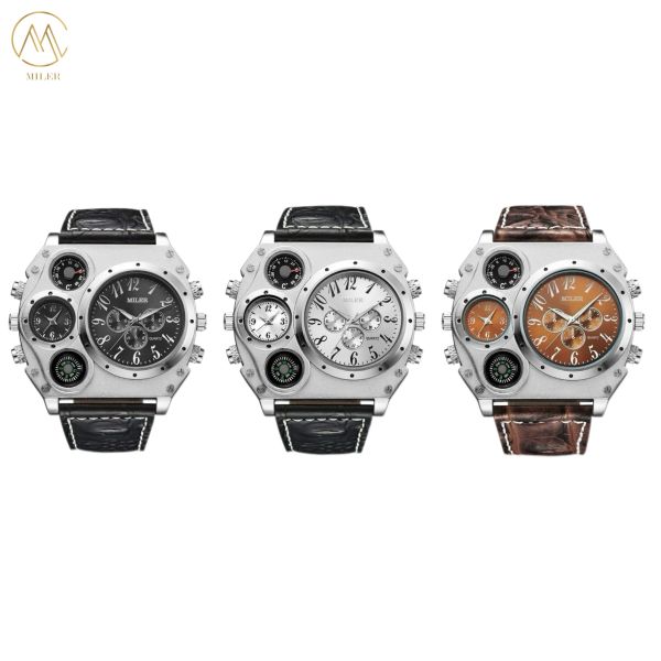 Men Quartz Dual Time Big Face Compass Watch Leather Strap Watch