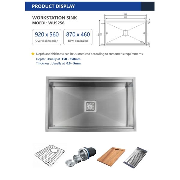 16 Gauge Workstation Sink , Brushed Single Bowl Drop In Sink