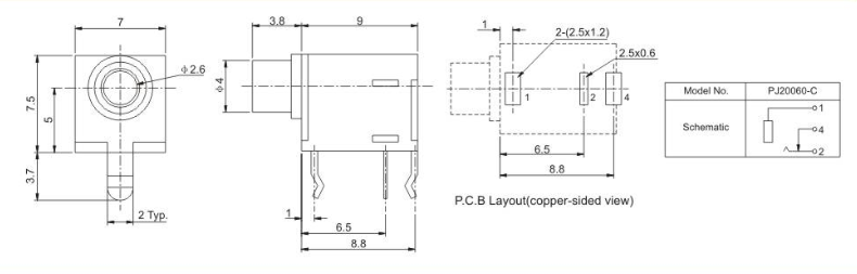 PJ20060 6 Pin SMT Socket 2.5 Mm Earphone Jack