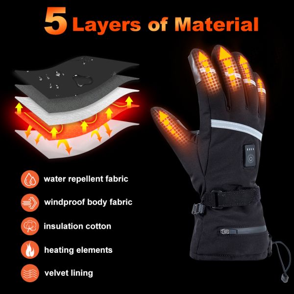7.4V Lithium USB Electric Battery Rechargeable Heated Ski Gloves Man With 3 Level Temperature Control