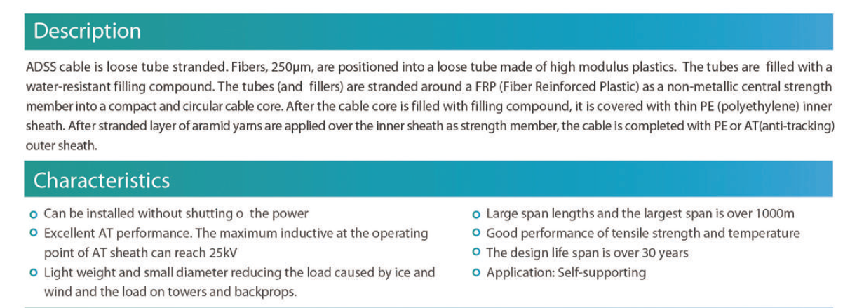 Outdoor 12 Core Single Mode Adss Fiber Optic Cable