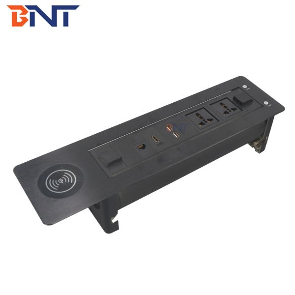 Multimedia electric flip up hidden table mount socket with wireless phone charger