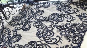 China Black Heavy Beaded Mesh Fabric By The Yard , Embroidered Net Fabric With Beads on sale