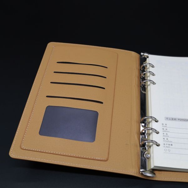A5 Embossed logo Pu leather cover snap fastner inner pocket 6 ring binder organizer