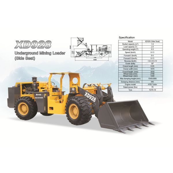 Underground wheel loader XD928 rated load 2.0ton with 1cbm bucket capacity