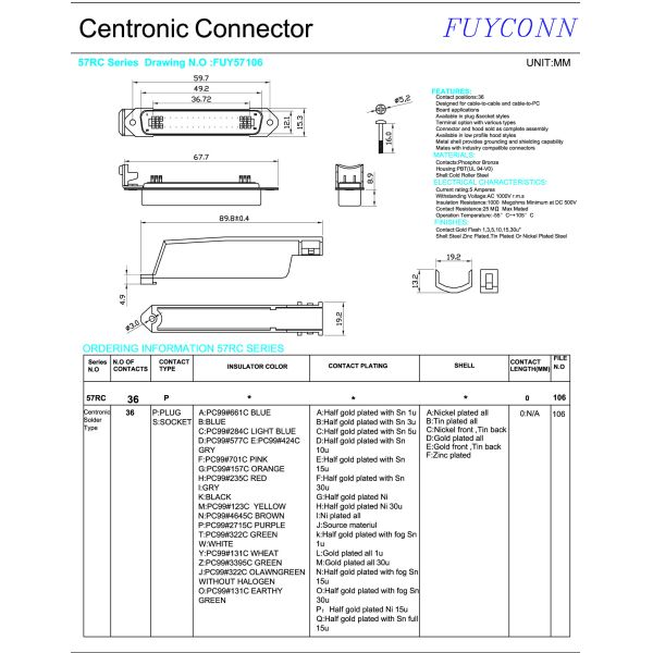 90 Degree Male Plug 36 Pin Centronics Solder Connector With Plastic Cover