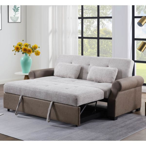 Queen Size Convertible Sleeper Sofa Bed, Comfortable Pull-Out Bed with Adjustable Backrest, Futon Sofa Bed, Gray Fabric and Dark Brown Fabric