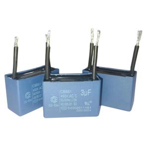 China 2 Wire Blue Air Conditioner Fan Capacitor CBB61 450V 3.0mfd With 30 Line Length on sale