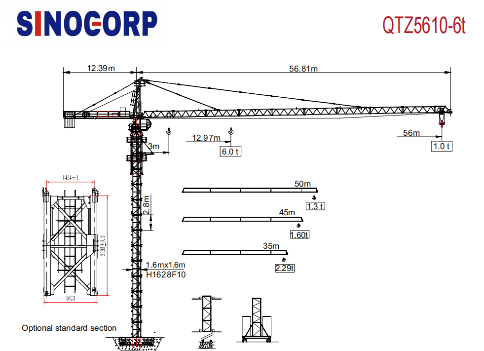 6 Ton Hammer Head Tower Crane For Construction