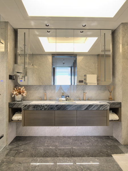 Stainless Steel Bathroom Vanity with Woodgrain Doors & Quartz Top