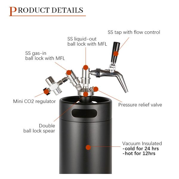 Adjustable Ball Lock Mini Keg , 5 Liter Draft Beer Keg Dispenser