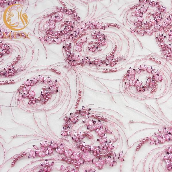 Cheap Wedding Dress Pink Heavy Beaded Lace Fabric Customized 20% Polyester for sale