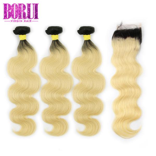 Cheap 1b 613 Blonde Weave Hair Extensions , Blonde Weave Human Hair With 4*4 Lace Closure for sale