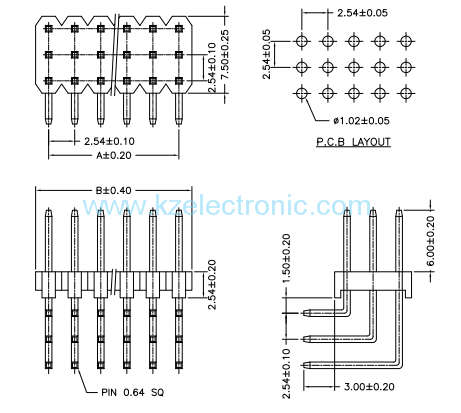 2.54mm triple row right angle pin header