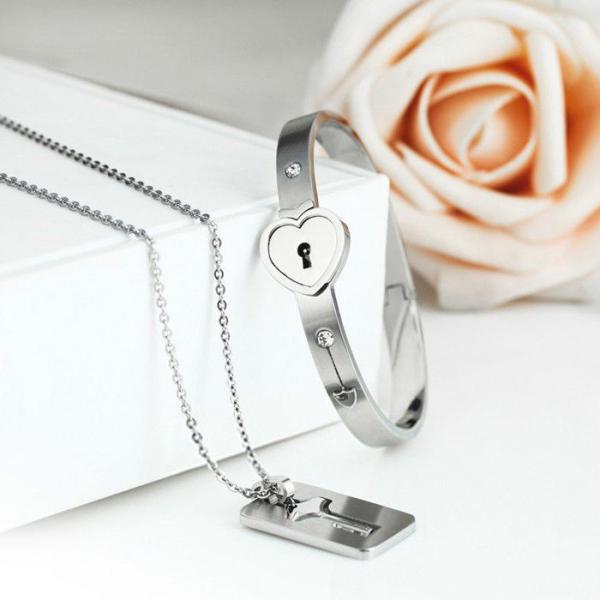 Cheap Hot Fashion Couples Eternal Love Loyalty Promise Key Lock Bangle+ Necklace Set for sale