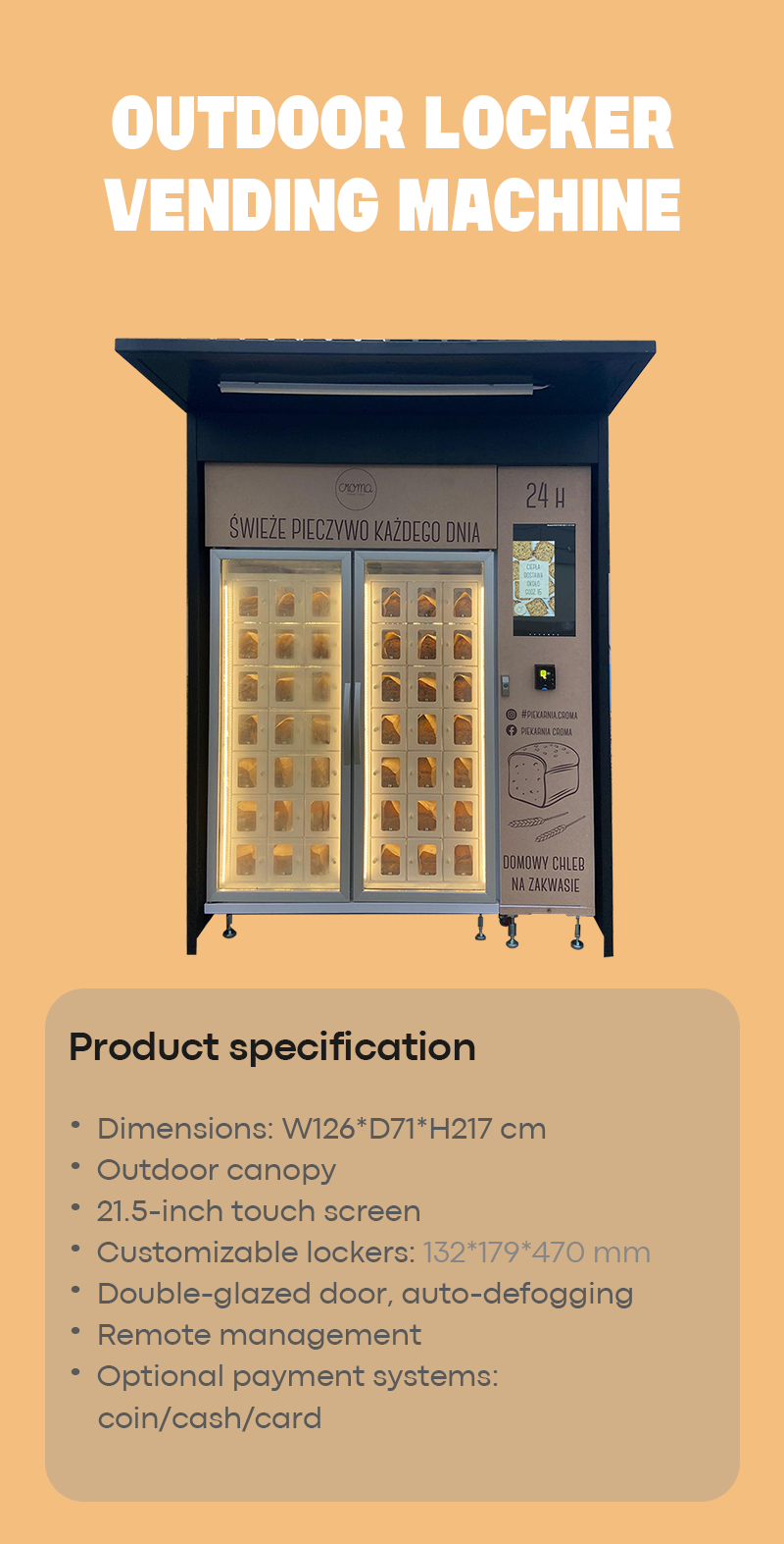 Custom Cooling Locker 24H Outdoor Bread Vending Machine for Cakes Pies Desserts With Card Reader