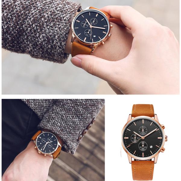 Men'S Multifunction Chronos Sport Watch Leather Strap Day Date Perpetual Calendar Watch