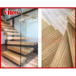 Floating Staircase VK48C Tempered Glass LED Light strip StringerBeech Tread