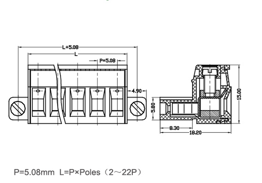Green Electrical Terminal Blocks PA66 Brass Pitch 5.08mm 300V 18A 2 - 22 Poles