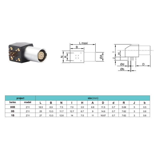 Indoor Circular Connector B Series Z11 8Pin Angled Grounding Solder Fixed Socket 90° Angular Socket For Circuit Board