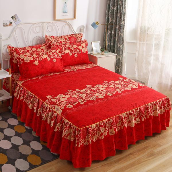Modern Floral Plant Printed Woven 100% Cotton Bed Cover Fitted Skirt Sheets 3pcs Bedding Bedspread Sets