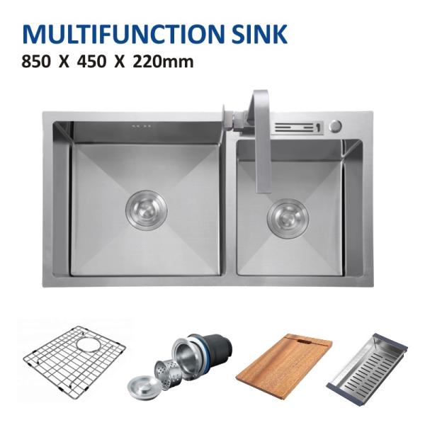 Cheap Brushed Steel Kitchen Multifunction Sink 34' Topmount Double Bowl 85x45 for sale