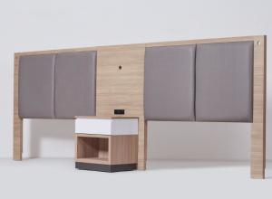 China Springhill Suites Hotel Customized Simple Upholstery Fabric with HPL Wooden Hotel Furniture Queen Bed headboard on sale