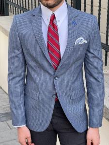 China Slim Fit Business Casual Suit Jacket Plaid Blue Cotton Blazer on sale