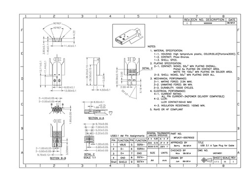 USB 3.1 A type plug connector for cable
