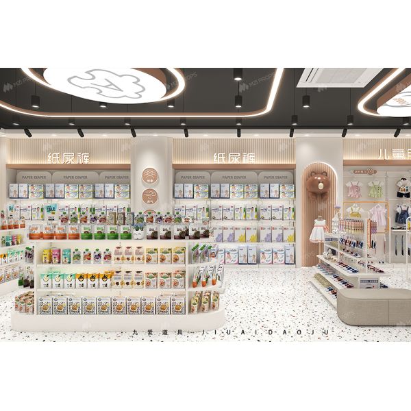 Baby clothes display on minimalist shelves