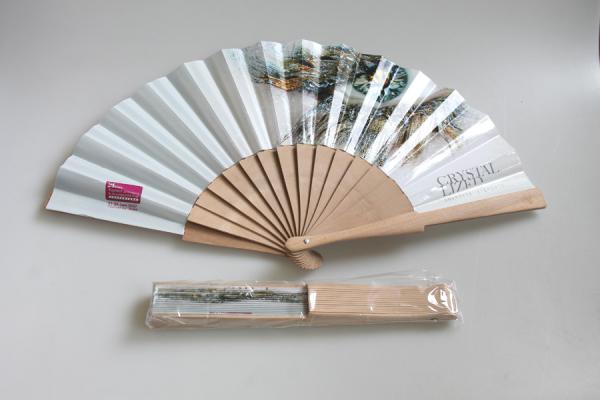 Cheap 23cm promotion wooden hand fan with natural  wooden ribs and  paper for sale