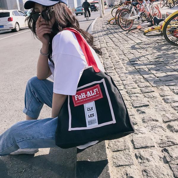 Cheap New Korean fashion personality school style contrast color canvas bag women's portable shoulder bag simple fashion bag for sale
