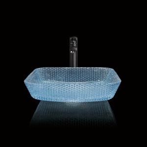 Best Water Blue Square Vessel Bathroom Sink Glass Crystal Hand Wash wholesale