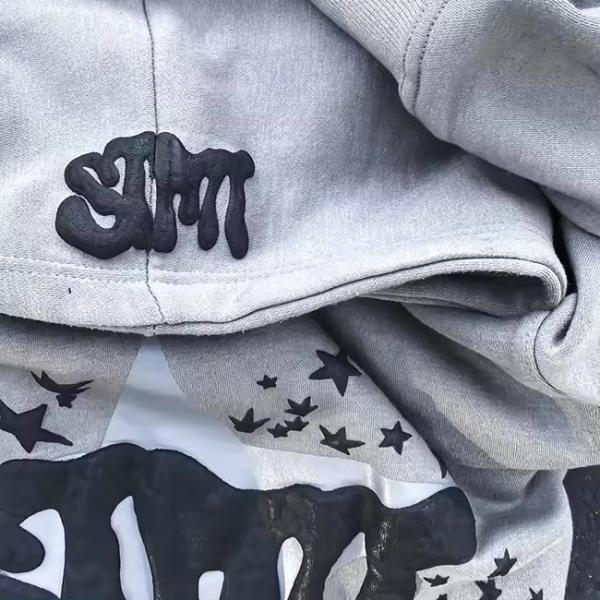 Puff Print Jacket Fleece Cotton Cropped Cut Edge Raw Hem Puff Printing Hoodie Men