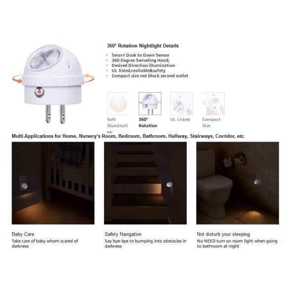 LED Nightlight Plug-in Night Lights, Warm White Sensor Room Electric EMC FCC LVD