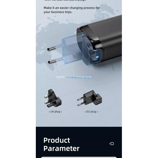 65W USB Type C GAN Wall Charger EU Plug for Fast Charging Laptops and Phones Portable