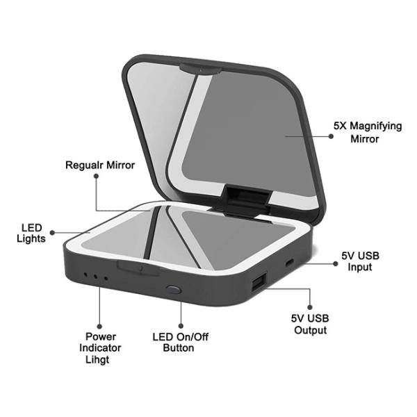 USB Charging Mirror Power Bank Double Side Folding Lighted Vanity Makeup Mirror With 5X Magnifacation