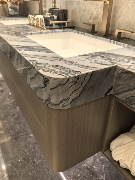 Stainless Steel Bathroom Vanity with Woodgrain Doors & Quartz Top