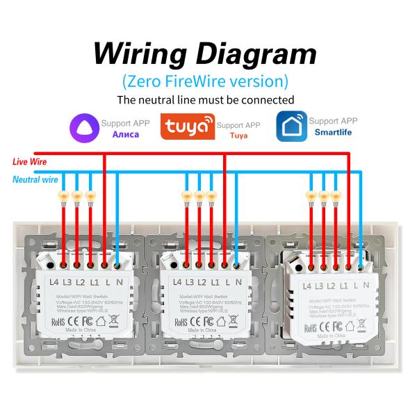 228 Type Input 100-240Vac 10A 2200W Tuya Smart Wireless Switch UL94V0 Remote Ceiling Light Switch Voice Control