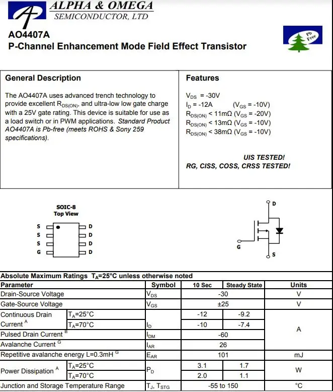 AO4407A P-CHANNEL 12A MOSFET Original in stock 10PCS Field Effect Transistor 4407A