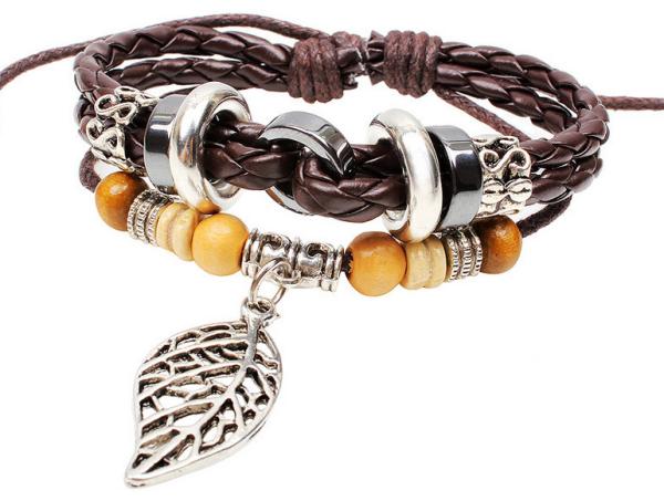 Cheap Maple wood beads beaded leather woven leather bracelet alloy bohemian bracelet for sale