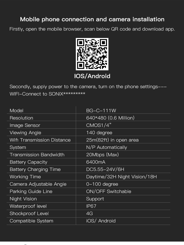 IP67 4CH Wireless Backup Camera System For Trucks RV Trailer ISO And Android