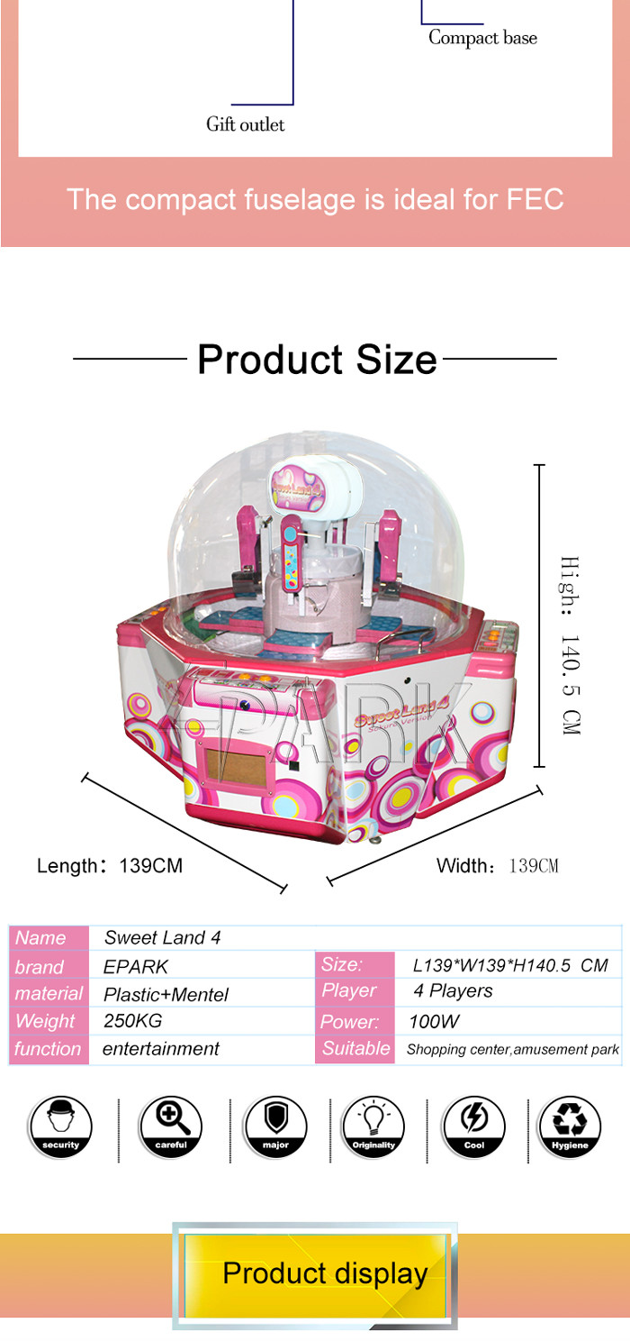 Coin Operated Kids Amusement Redemption Game Machine / Sweet Land 4 Push Candy Claw Crane Machine