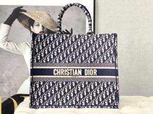 Dior Oblique Embroidery Canvas Navy Blue Branded Shoulder Bag Christian Book Large