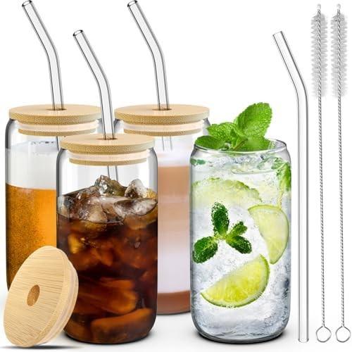 Cheap 4 Set Glass Cups with Lids and Straws 16 oz, Glasses Drinking Set, Iced Coffee Cup with Bamboo Lids, for sale