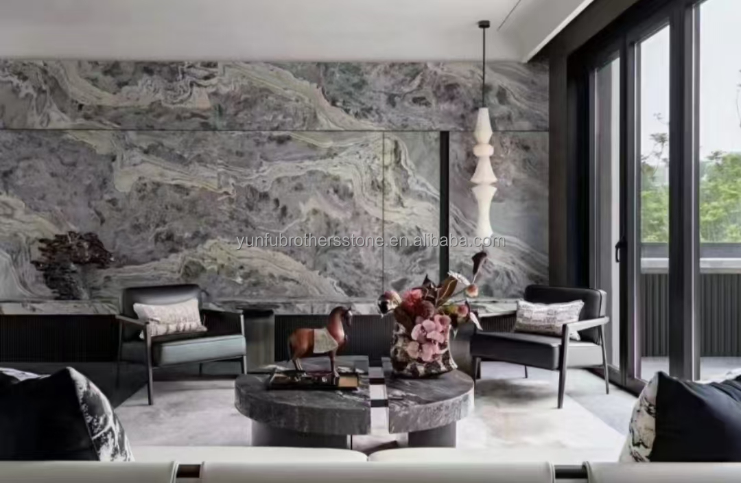 Modern Ink Painting Marble Big Slab Honed Grey Wall Panel and Kitchen Countertop Tile